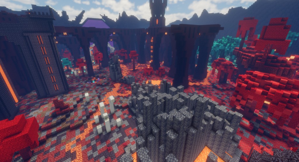 Nether-Landschaft mit Brücke und Quest-Ziel