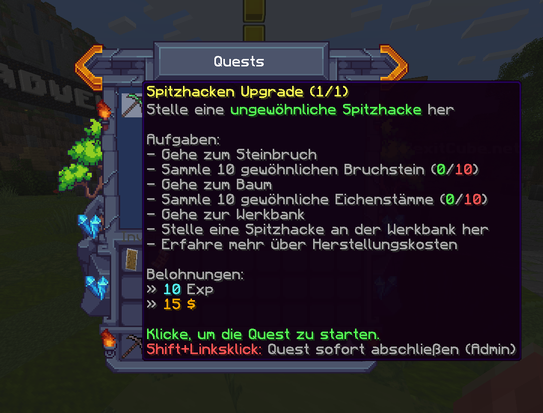 Quest-Menü mit Hauptquest-Spitzhacken-Upgrade