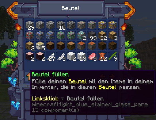 Beutel-Menü mit Items und Füllen-Button