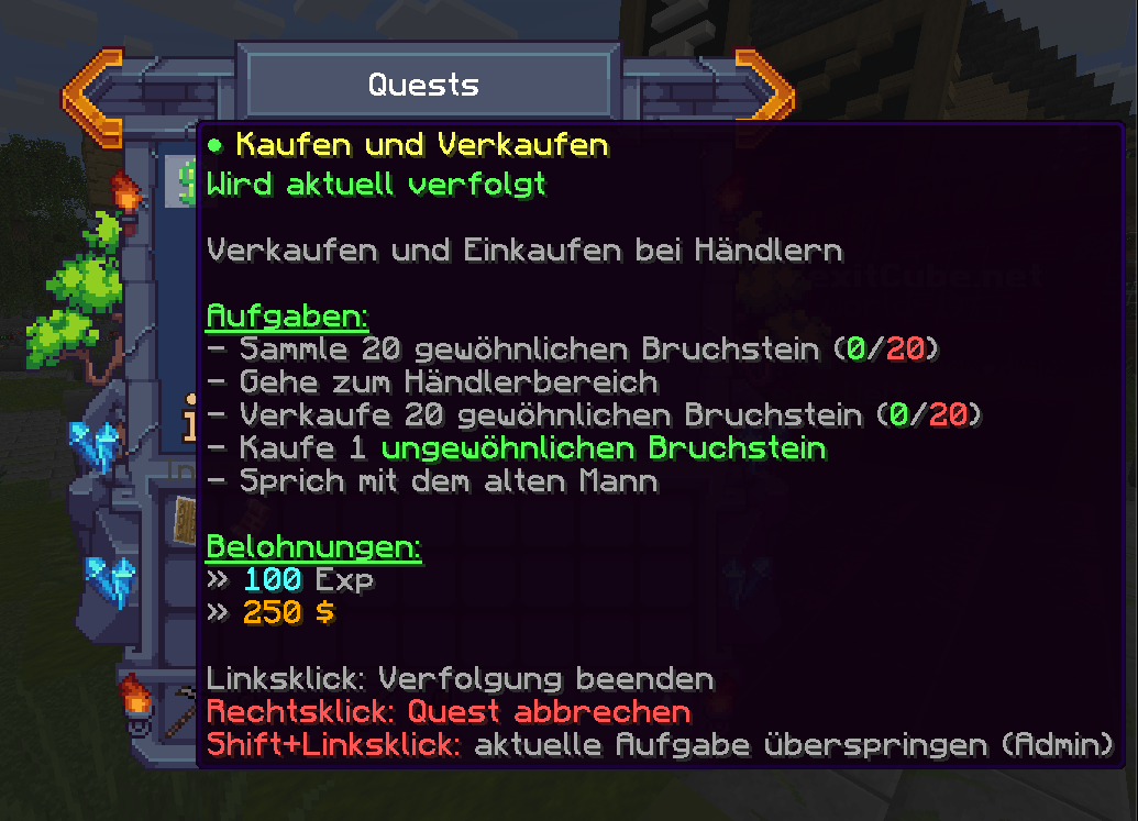Quest-Menü mit aktiver Quest „Kaufen und Verkaufen“