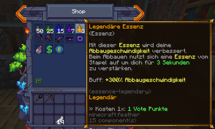 Vote-Shop-Menü mit Essenz-Angeboten